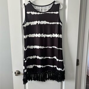 Black and White Striped Fringe Beach Cover Up Dress